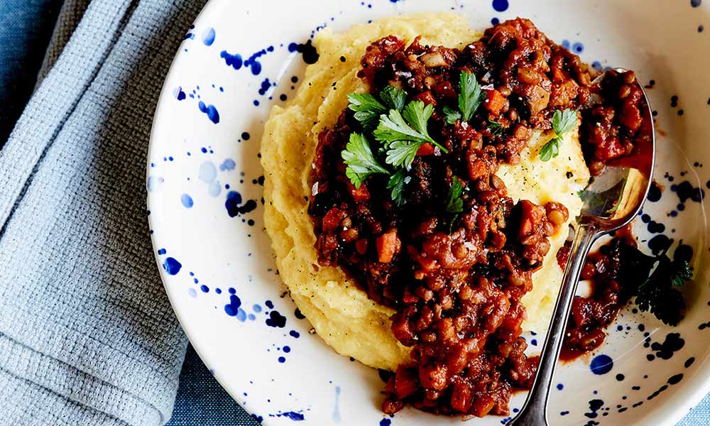 Lentil bolognese with creamy polenta
