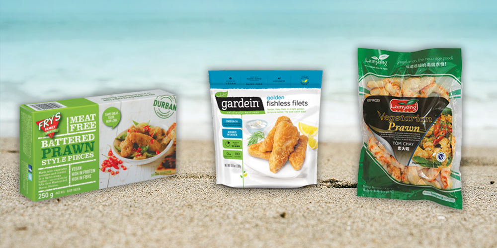 Perfect for 'prawn' cocktails, 'fish' and chips and more! Pictured: Fry's battered prawn style pieces, Gardein fishless filets and Lamyong vegetarian prawn