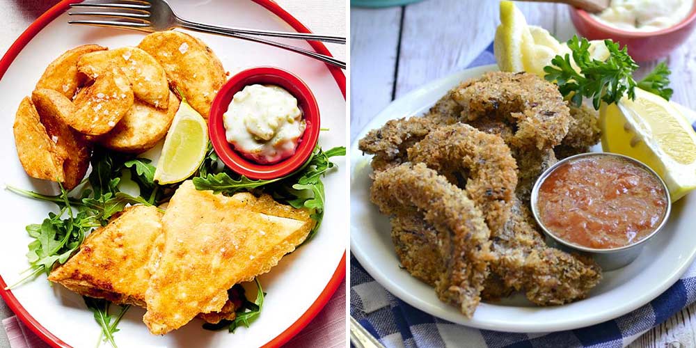 Tofish and chips and crumbed shiitake 'shrimp'. Get these recipes and more.